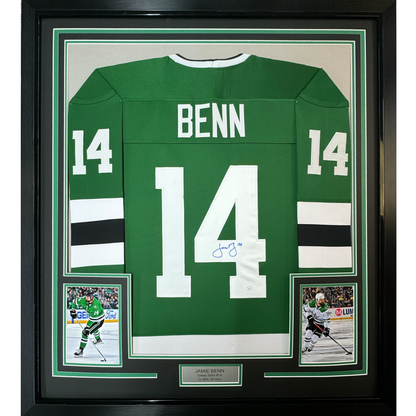 Framed Autographed/Signed Jamie Benn 35x39 Dallas Green Retro Hockey Jersey JSA COA