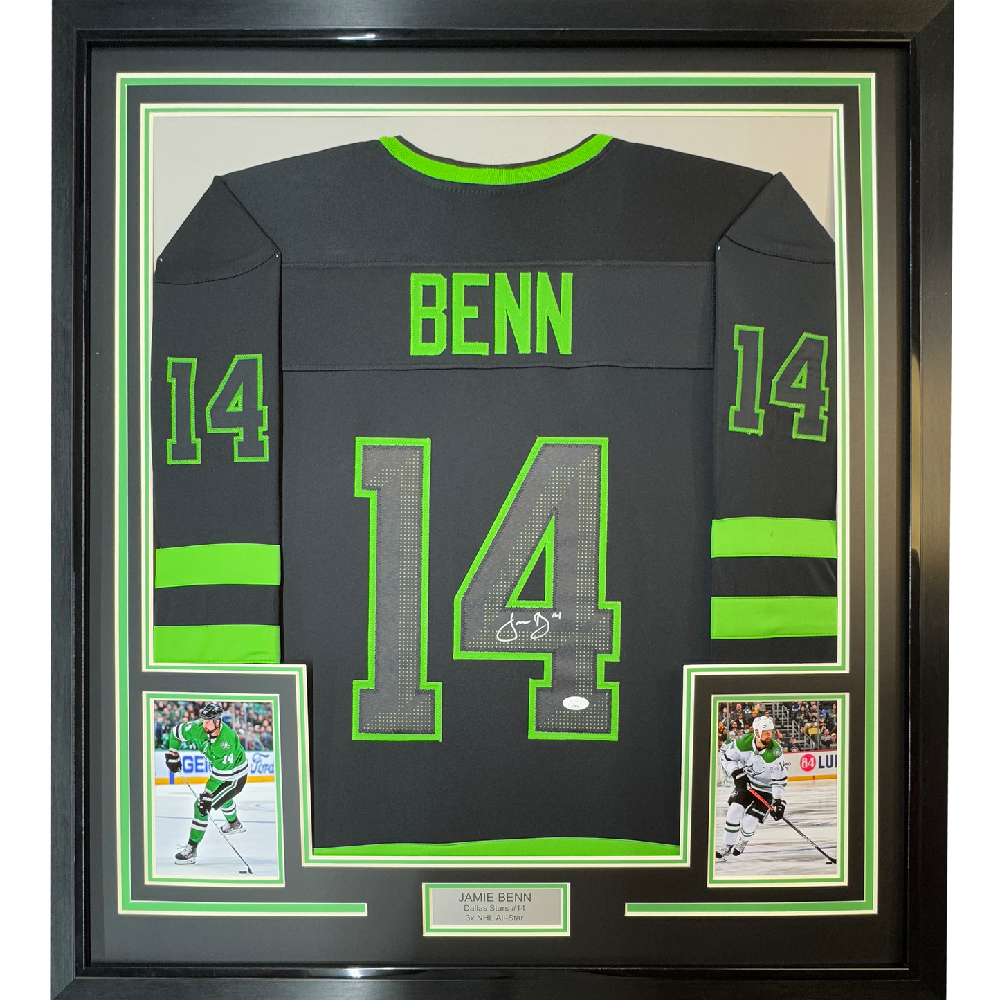 Framed Autographed/Signed Jamie Benn 35x39 Dallas Black Hockey Jersey JSA COA