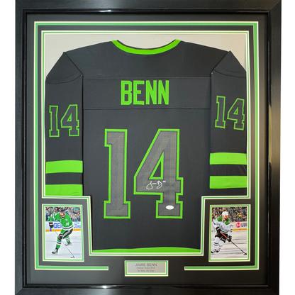 Framed Autographed/Signed Jamie Benn 35x39 Dallas Black Hockey Jersey JSA COA