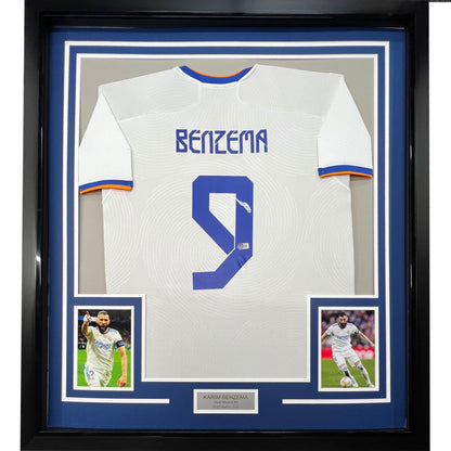 Framed Autographed/Signed Karim Benzema 35x39 Real Madrid 2021-22 White Soccer Jersey Beckett BAS COA