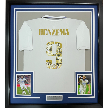 Framed Autographed/Signed Karim Benzema 35x39 Real Madrid Player Art White Soccer Jersey Beckett BAS COA