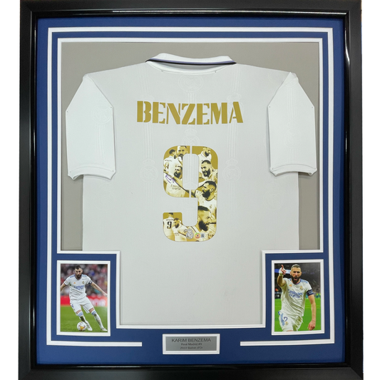 Framed Autographed/Signed Karim Benzema 35x39 Real Madrid Player Art White Soccer Jersey Beckett BAS COA