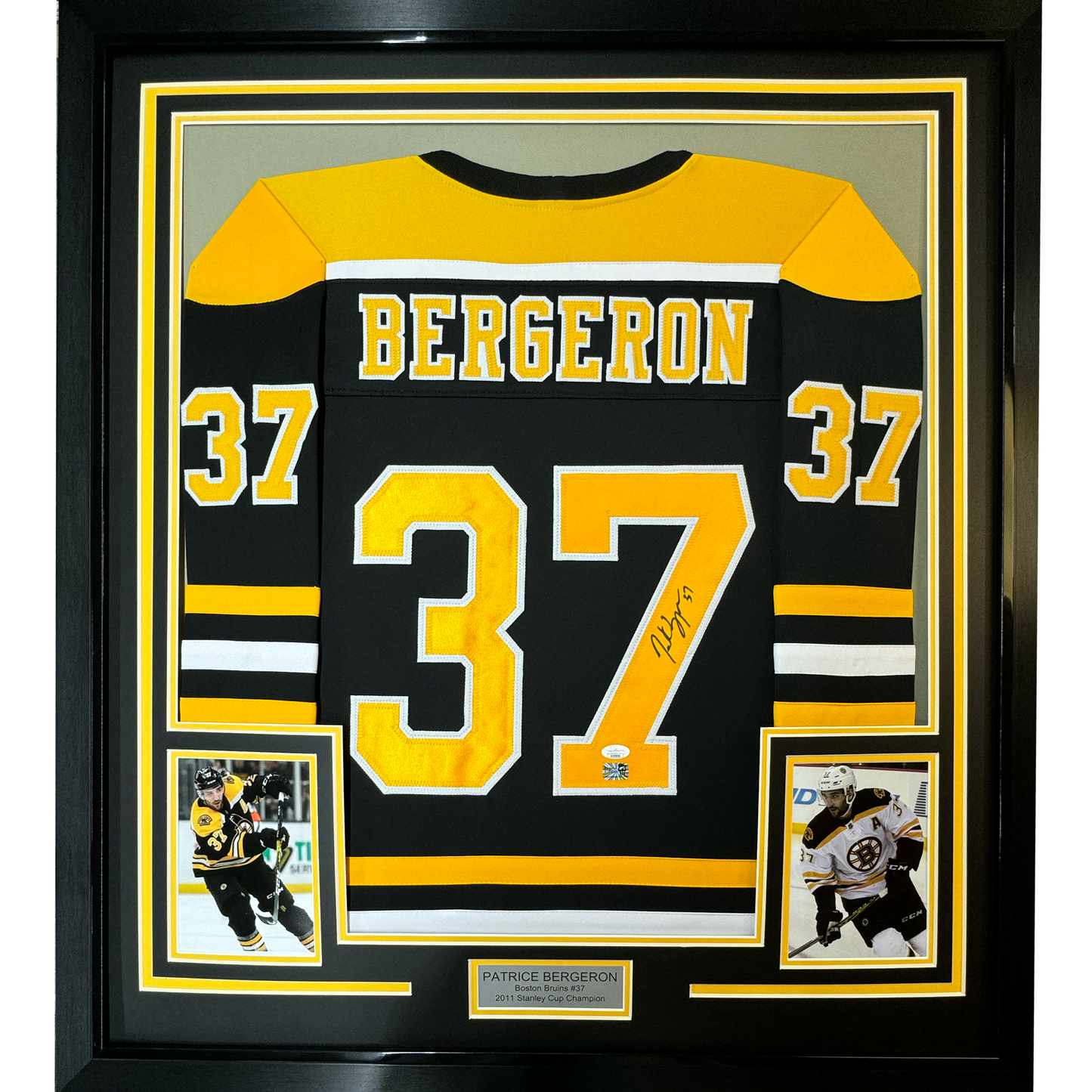 Framed Autographed/Signed Patrice Bergeron 35x39 Boston Black Hockey Jersey JSA COA