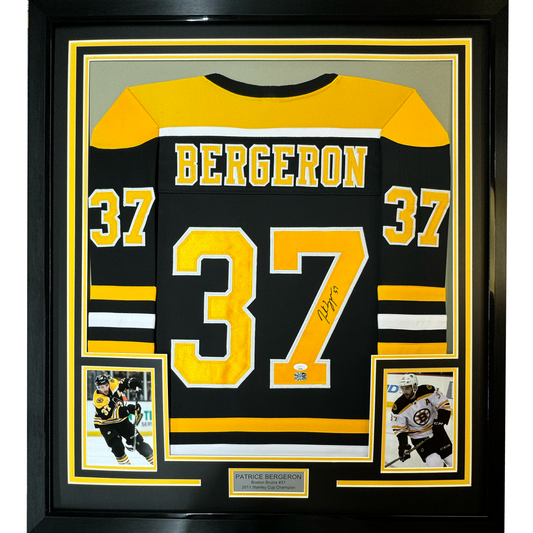 Framed Autographed/Signed Patrice Bergeron 35x39 Boston Black Hockey Jersey JSA COA