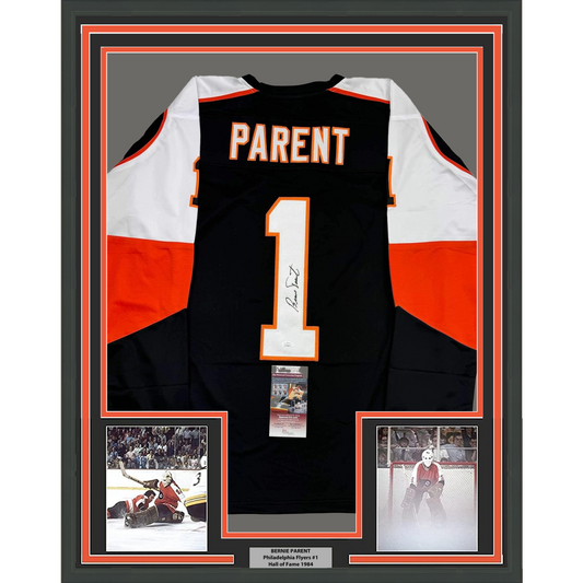 Framed Autographed/Signed Bernie Parent 35x39 Philadelphia Black Hockey Jersey JSA COA