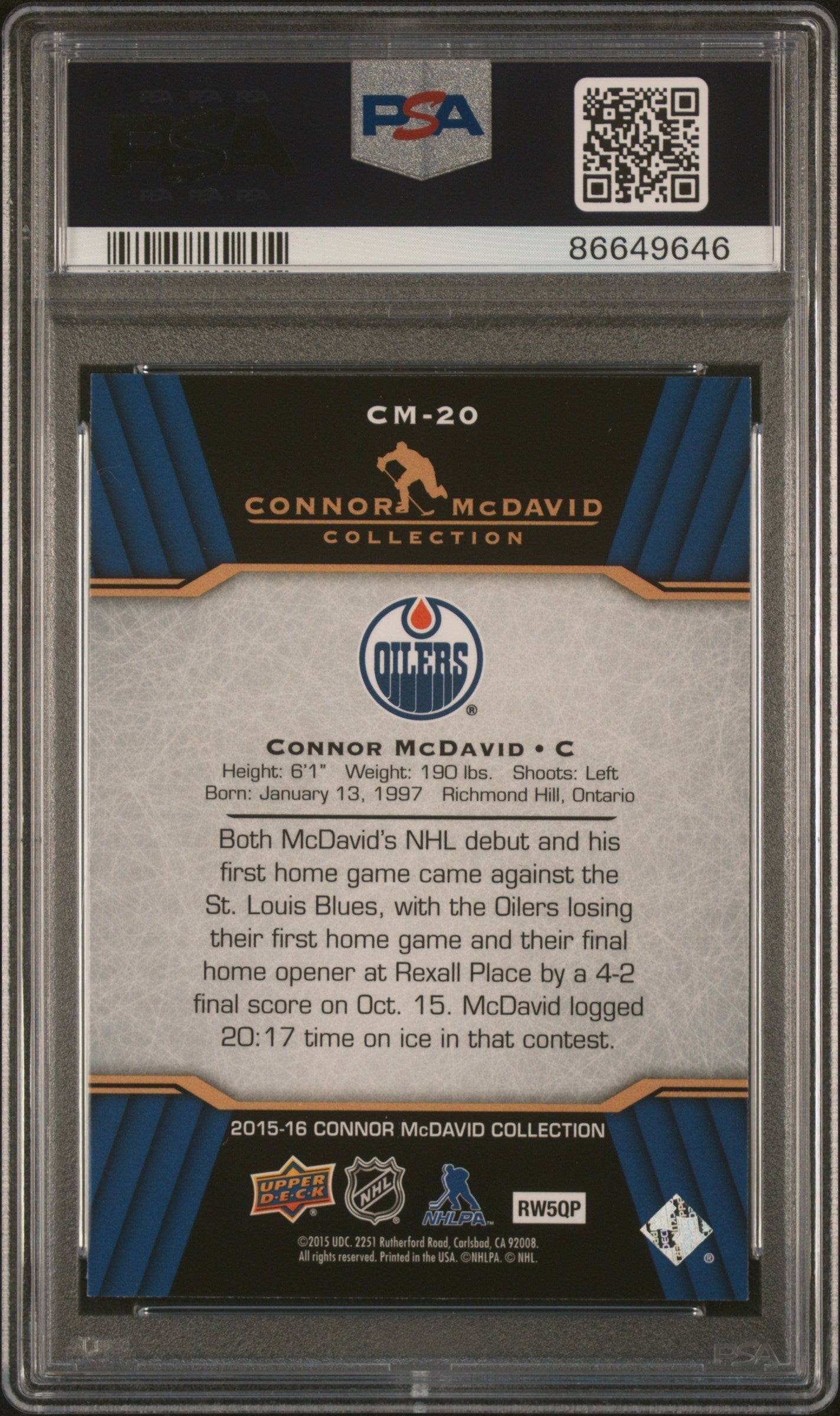 Graded 2015 Upper Deck Connor McDavid #CM-20 Connor McDavid Collection Rookie RC Hockey Card PSA 10 Gem Mint
