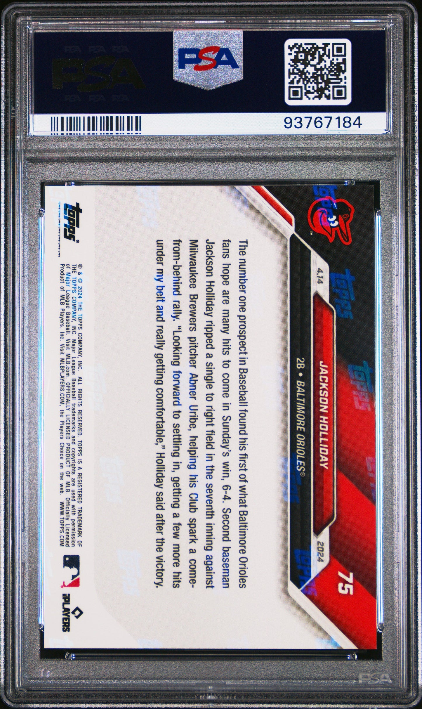 Graded 2024 Topps Now Jackson Holliday #75 1st Career Hit Rookie RC Baseball Card PSA 9 Mint