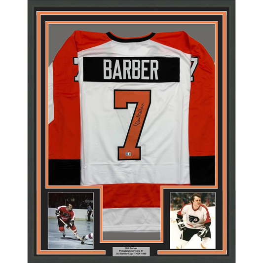 Framed Autographed/Signed Bill Barber 35x39 Philadelphia White Hockey Jersey Beckett BAS COA