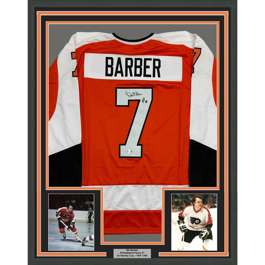 Framed Autographed/Signed Bill Barber 35x39 HOF 90 Philadelphia Orange Hockey Jersey Beckett BAS COA