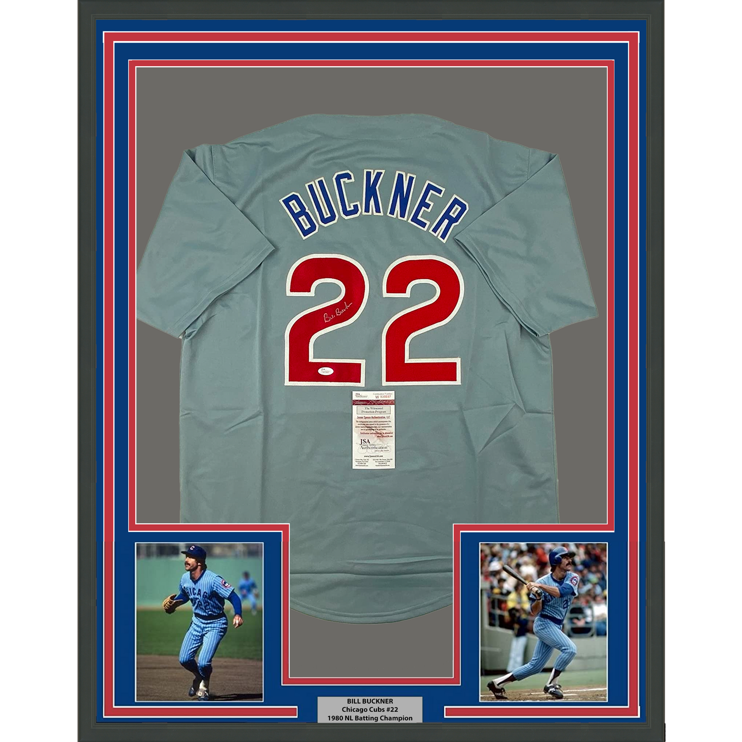 Framed Autographed/Signed Bill Buckner 35x39 Chicago Grey Baseball Jersey JSA COA