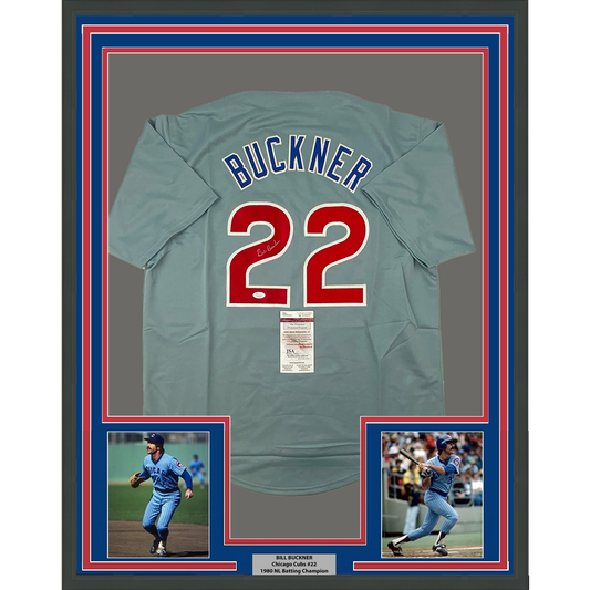 Framed Autographed/Signed Bill Buckner 35x39 Chicago Grey Baseball Jersey JSA COA