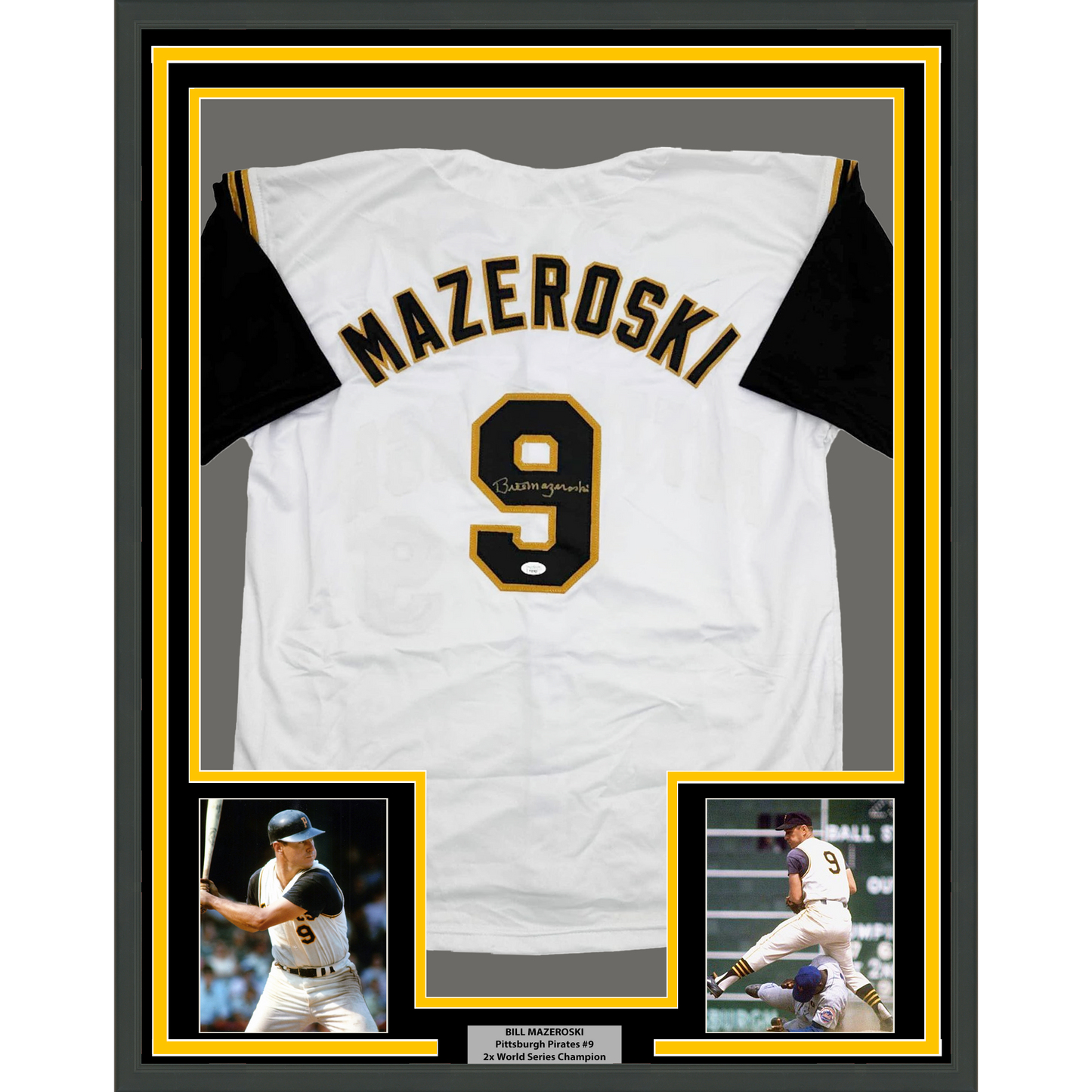 Framed Autographed/Signed Bill Mazeroski 35x39 Pittsburgh White Baseball Jersey JSA COA