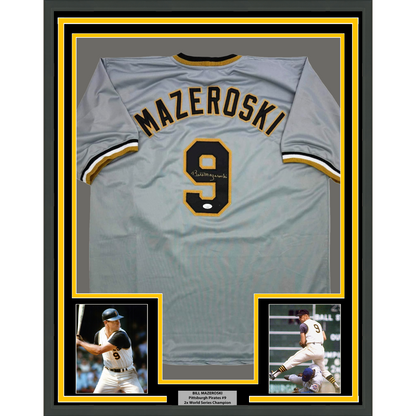 Framed Autographed/Signed Bill Mazeroski 35x39 Pittsburgh Grey Baseball Jersey JSA COA