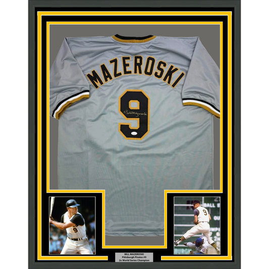 Framed Autographed/Signed Bill Mazeroski 35x39 Pittsburgh Grey Baseball Jersey JSA COA