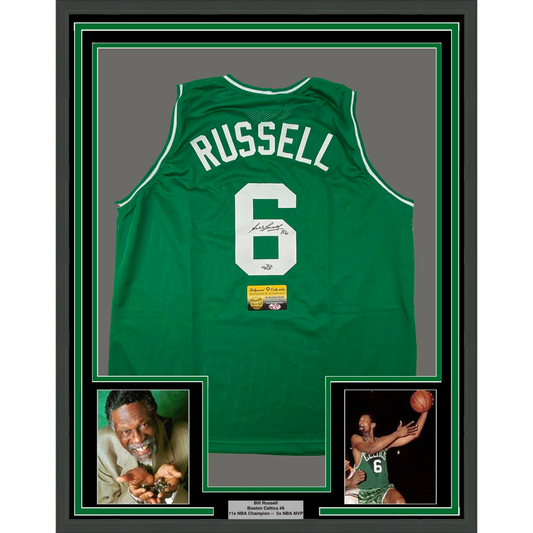Framed Autographed/Signed Bill Russell 35x39 Boston Green Basketball Jersey Hollywood Collectibles COA