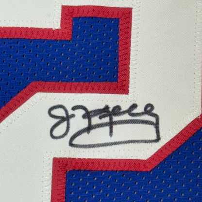 Framed Autographed/Signed Jim Kelly Thurman Thomas Andre Reed Buffalo 35x39 Dynasty Blue Football Jersey JSA COA
