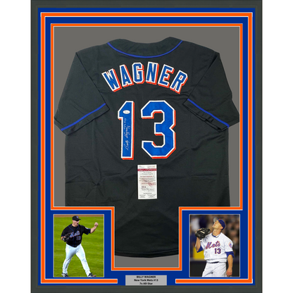 Framed Autographed/Signed Billy Wagner 35x39 422 Saves New York Black Baseball Jersey JSA COA