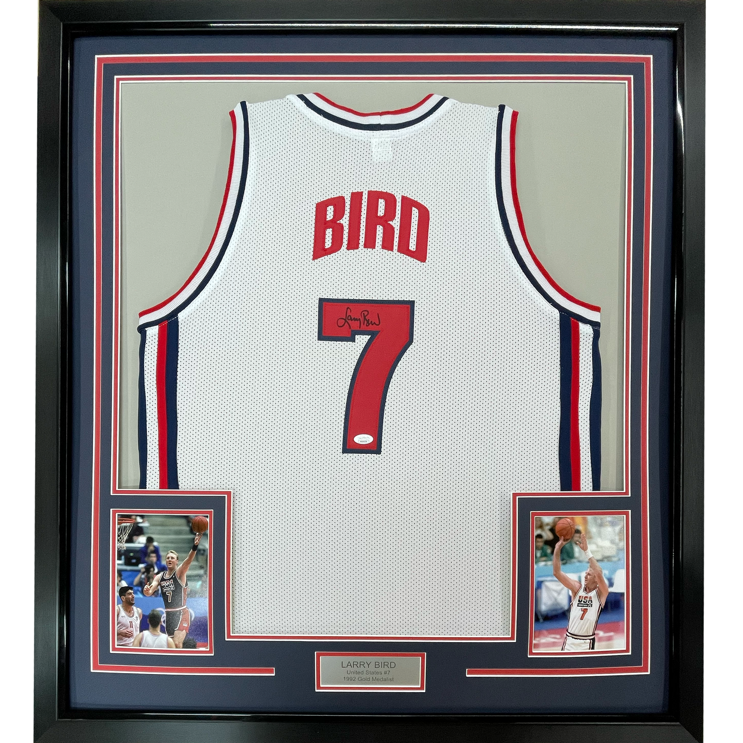 Framed Autographed/Signed Larry Bird 35x39 United States USA White 1992 Dream Team Basketball Jersey JSA COA
