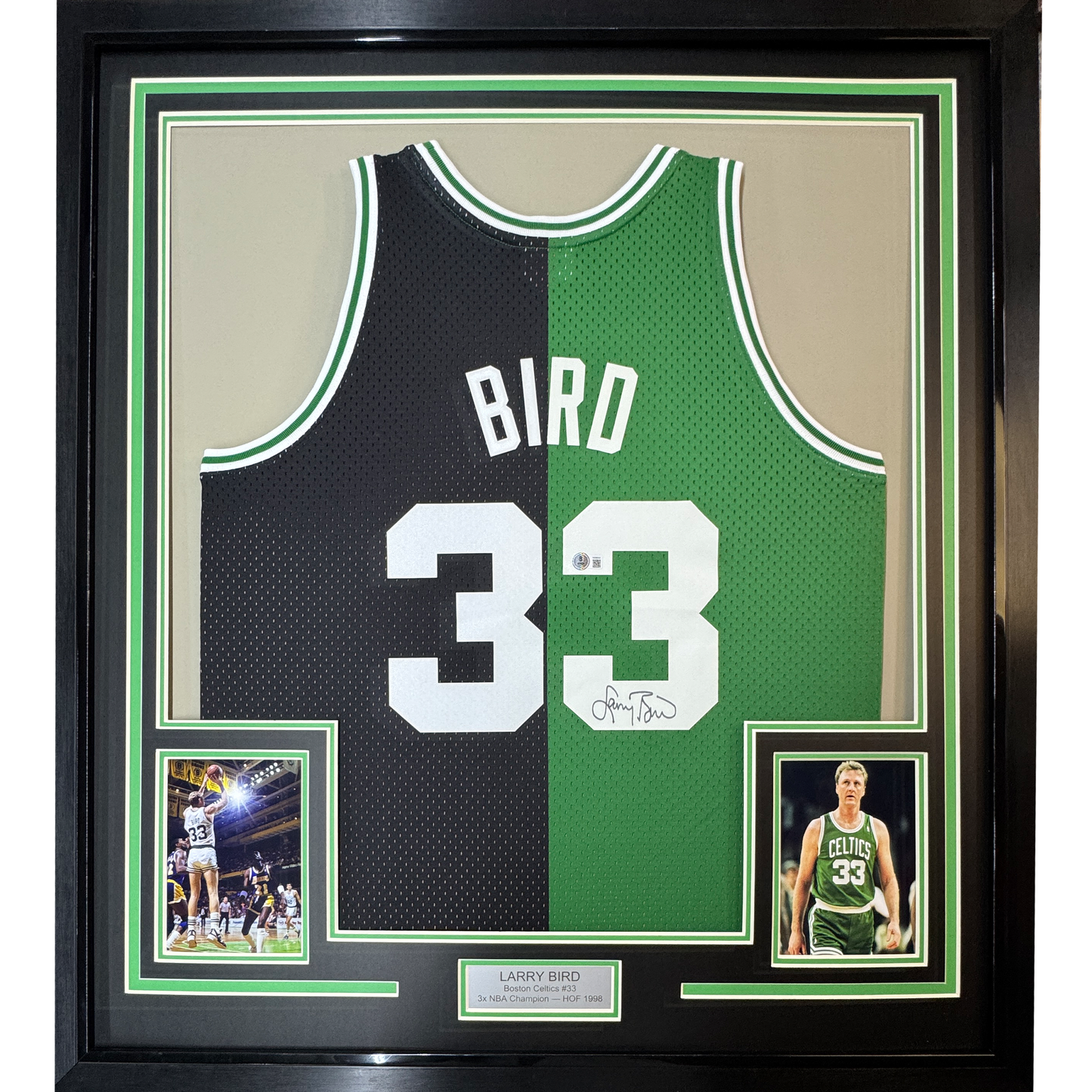 Framed Autographed/Signed Larry Bird 35x39 Boston Split Basketball Jersey Beckett BAS COA
