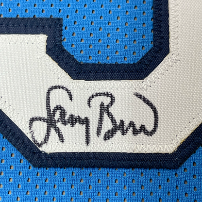 Framed Autographed/Signed Larry Bird 35x39 Indiana State Blue College Basketball Jersey JSA COA