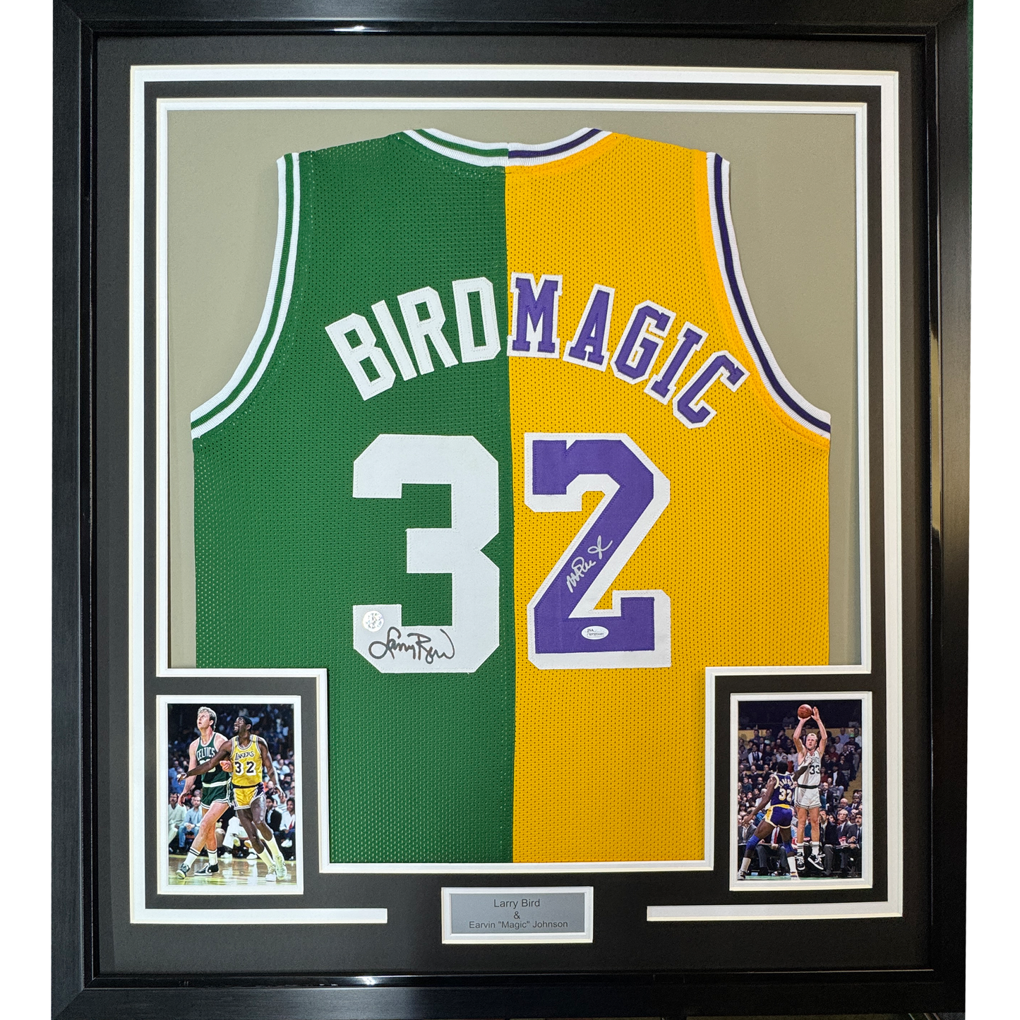 Framed Autographed/Signed Larry Bird & Magic Johnson 35x39 Dual Basketball Jersey JSA COA