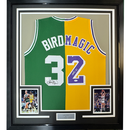 Framed Autographed/Signed Larry Bird & Magic Johnson 35x39 Dual Basketball Jersey JSA COA