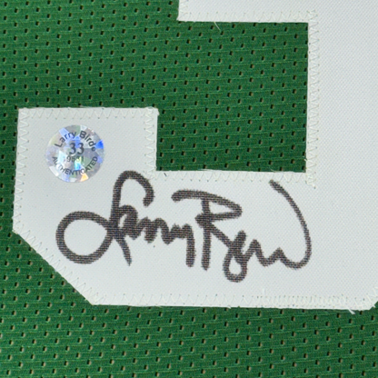 Framed Autographed/Signed Larry Bird & Magic Johnson 35x39 Dual Basketball Jersey JSA COA