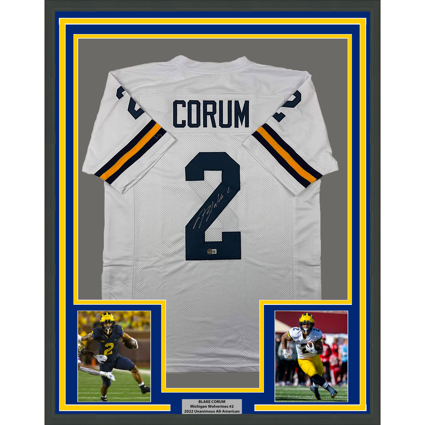 Framed Autographed/Signed Blake Corum 35x39 Michigan White College Football Jersey Beckett BAS COA