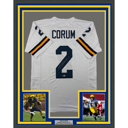 Framed Autographed/Signed Blake Corum 35x39 Michigan White College Football Jersey Beckett BAS COA