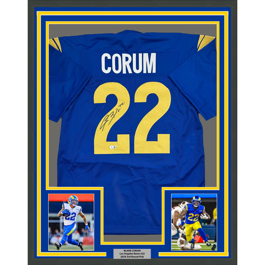 Framed Autographed/Signed Blake Corum 35x39 Los Angeles LA Blue Football Jersey Beckett BAS COA