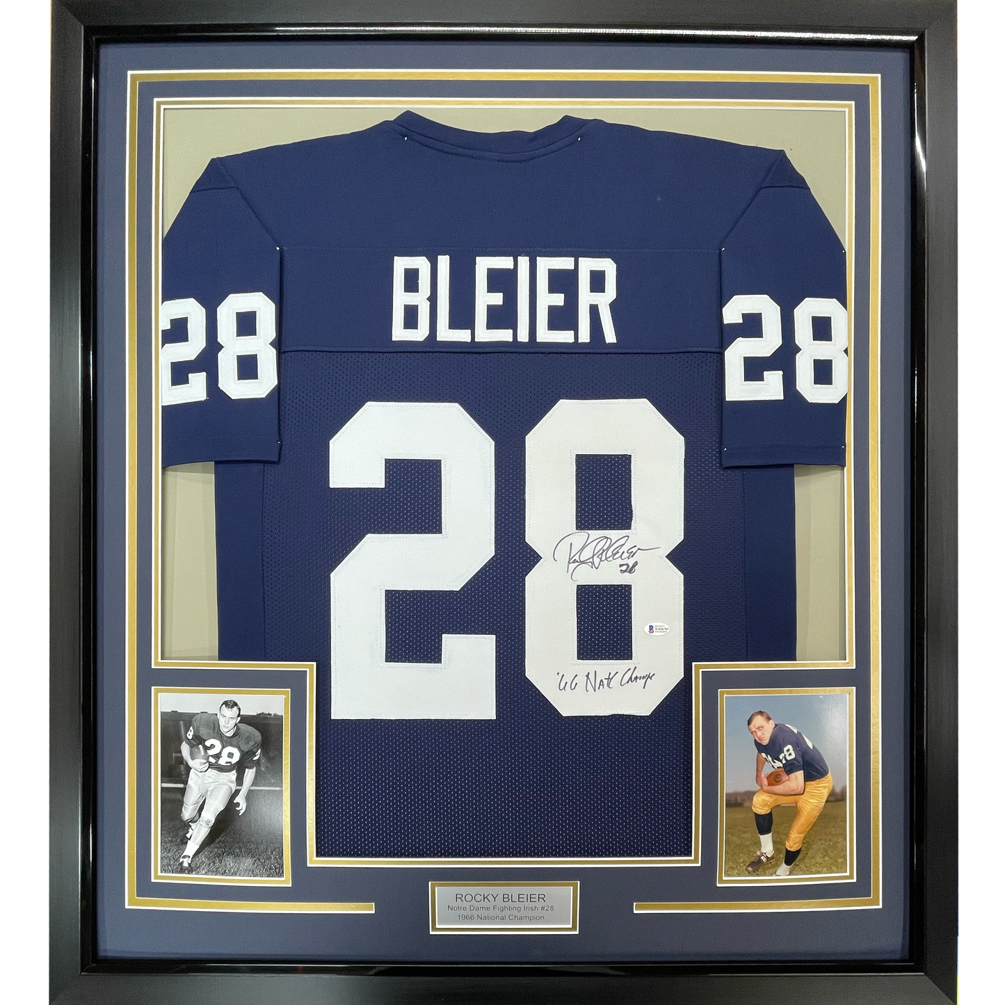 Framed Autographed/Signed Rocky Bleier 35x39 66 Nat'l Champs Notre Dame Blue College Football Jersey JSA COA