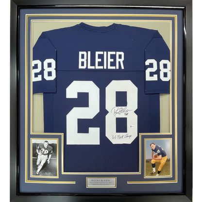 Framed Autographed/Signed Rocky Bleier 35x39 66 Nat'l Champs Notre Dame Blue College Football Jersey JSA COA
