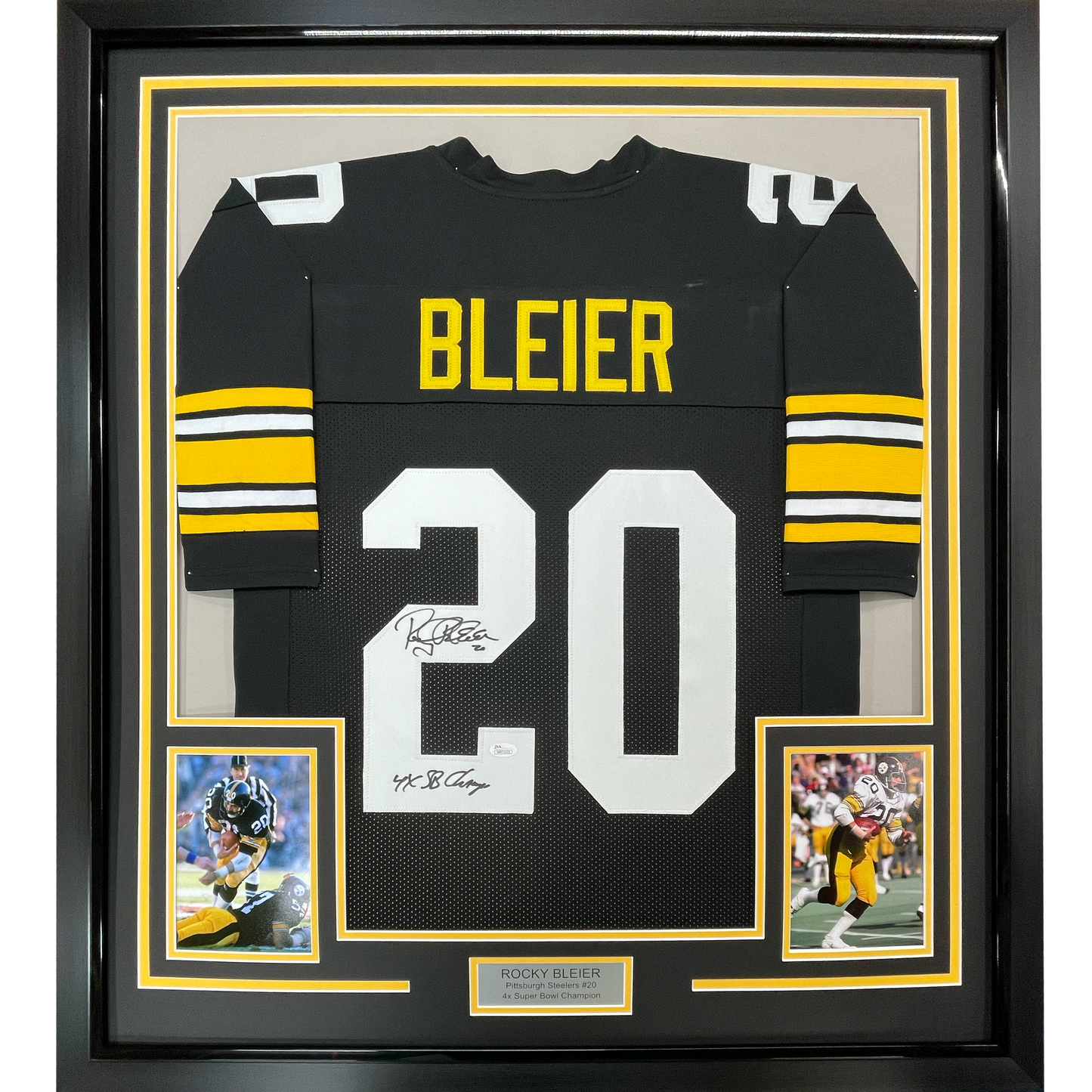 Framed Autographed/Signed Rocky Bleier 4x SB Champ 35x39 Pittsburgh Black Football Jersey JSA COA
