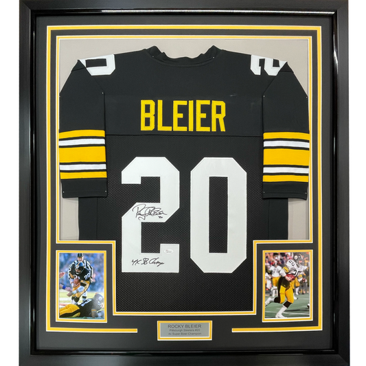 Framed Autographed/Signed Rocky Bleier 4x SB Champ 35x39 Pittsburgh Black Football Jersey JSA COA