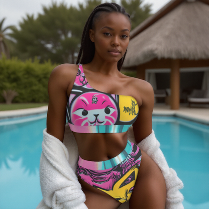 Blicky Kitty Women's Bikini With Single Shoulder Top
