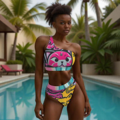 Blicky Kitty Women's Bikini With Single Shoulder Top