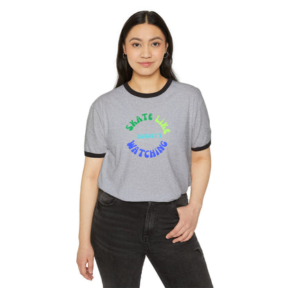 Blue/Green Skate Like Nobody's Watching Unisex Cotton Ringer T-Shirt