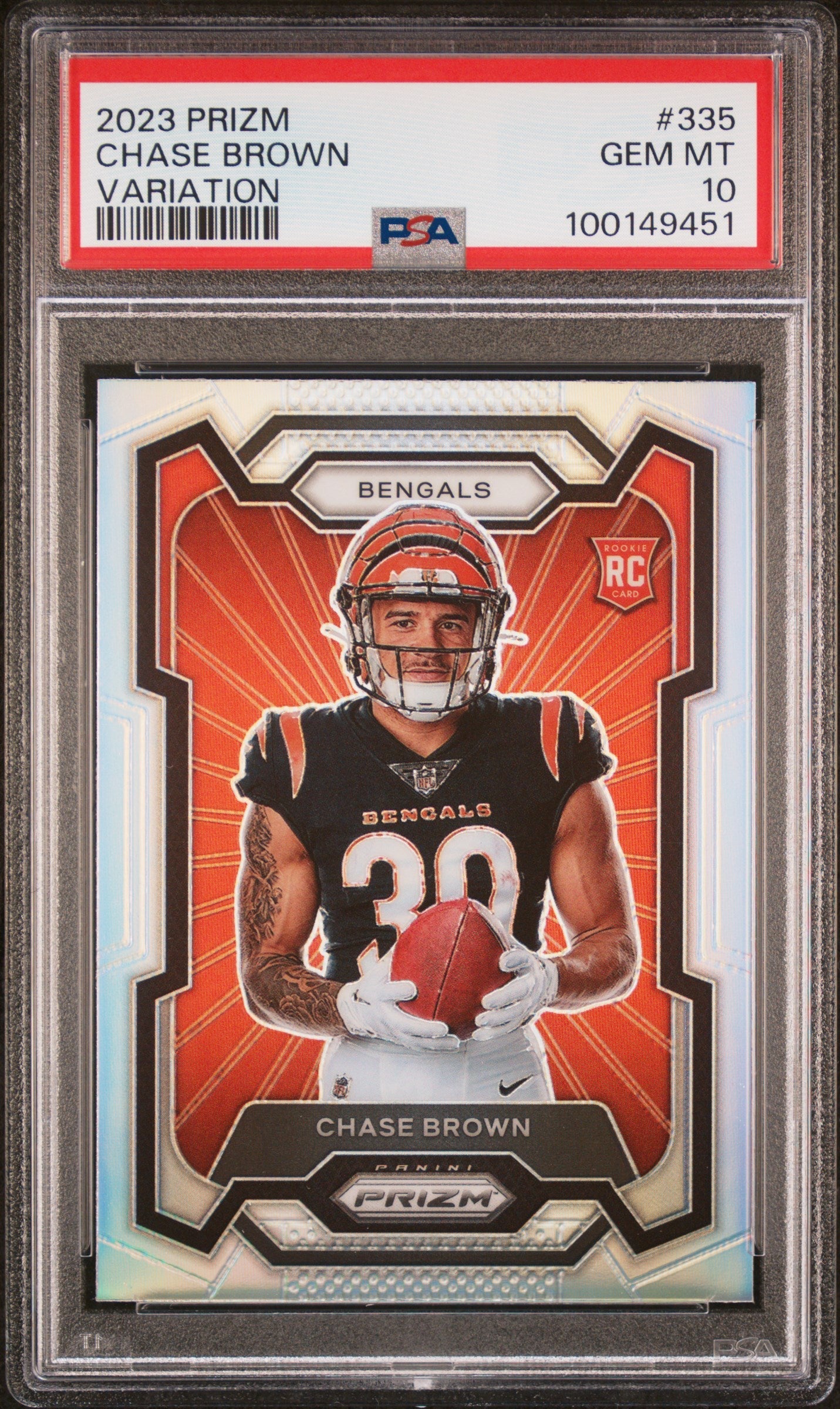 Graded 2023 Panini Prizm Chase Brown #335 Variation Rookie RC Football Card PSA 10 Gem Mint