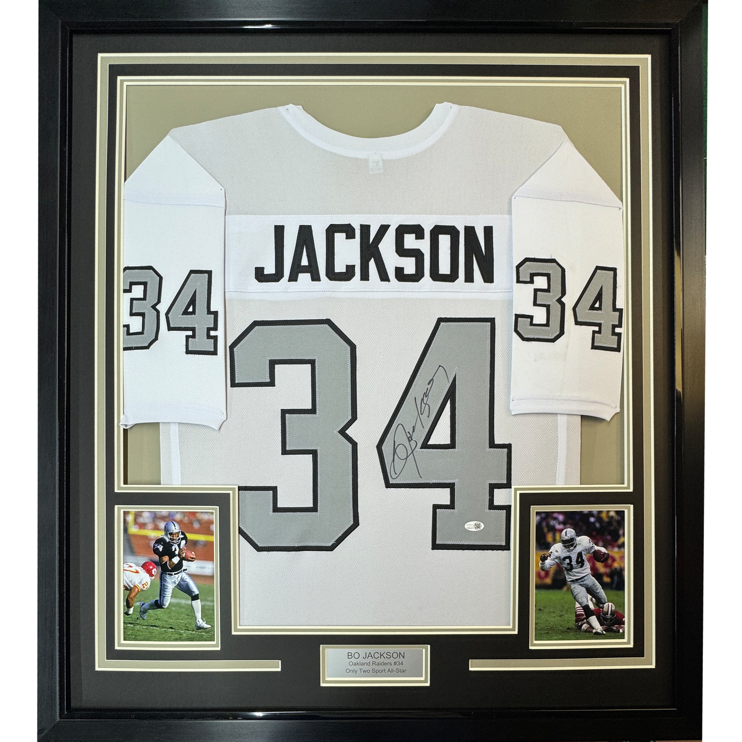 Framed Autographed/Signed Bo Jackson 35x39 Oakland White Color Rush Football Jersey JSA COA