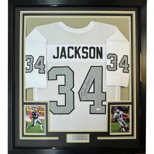 Framed Autographed/Signed Bo Jackson 35x39 Oakland White Color Rush Football Jersey JSA COA
