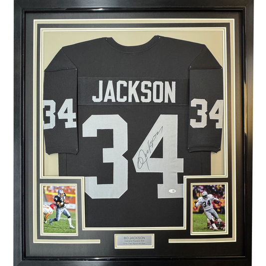 Framed Autographed/Signed Bo Jackson 35x39 Oakland Black Football Jersey JSA COA