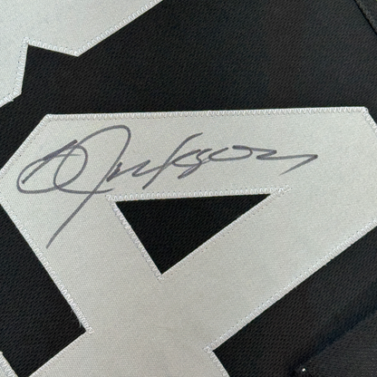 Framed Autographed/Signed Bo Jackson 35x39 Oakland Black Football Jersey JSA COA