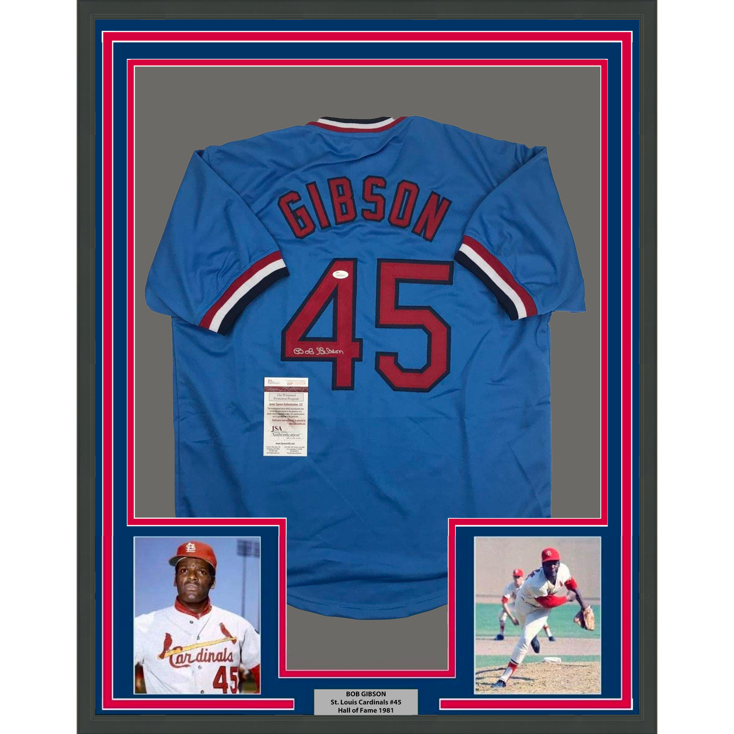 Framed Autographed/Signed Bob Gibson 35x39 St. Louis Blue Baseball Jersey JSA COA