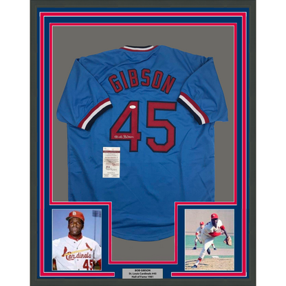 Framed Autographed/Signed Bob Gibson 35x39 St. Louis Blue Baseball Jersey JSA COA