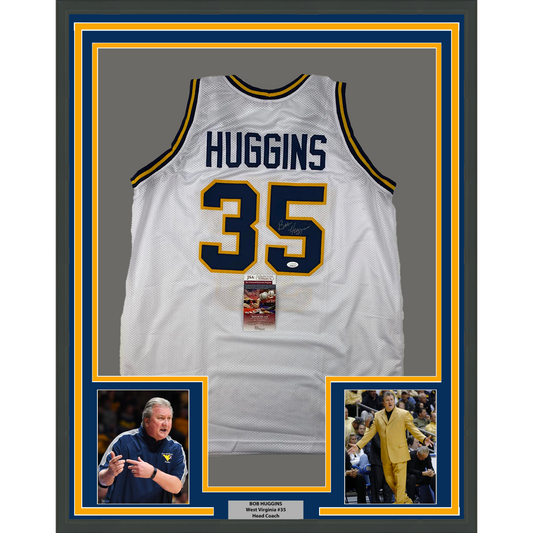 Framed Autographed/Signed Bob Huggins 35x39 West Virginia White College Basketball Jersey JSA COA