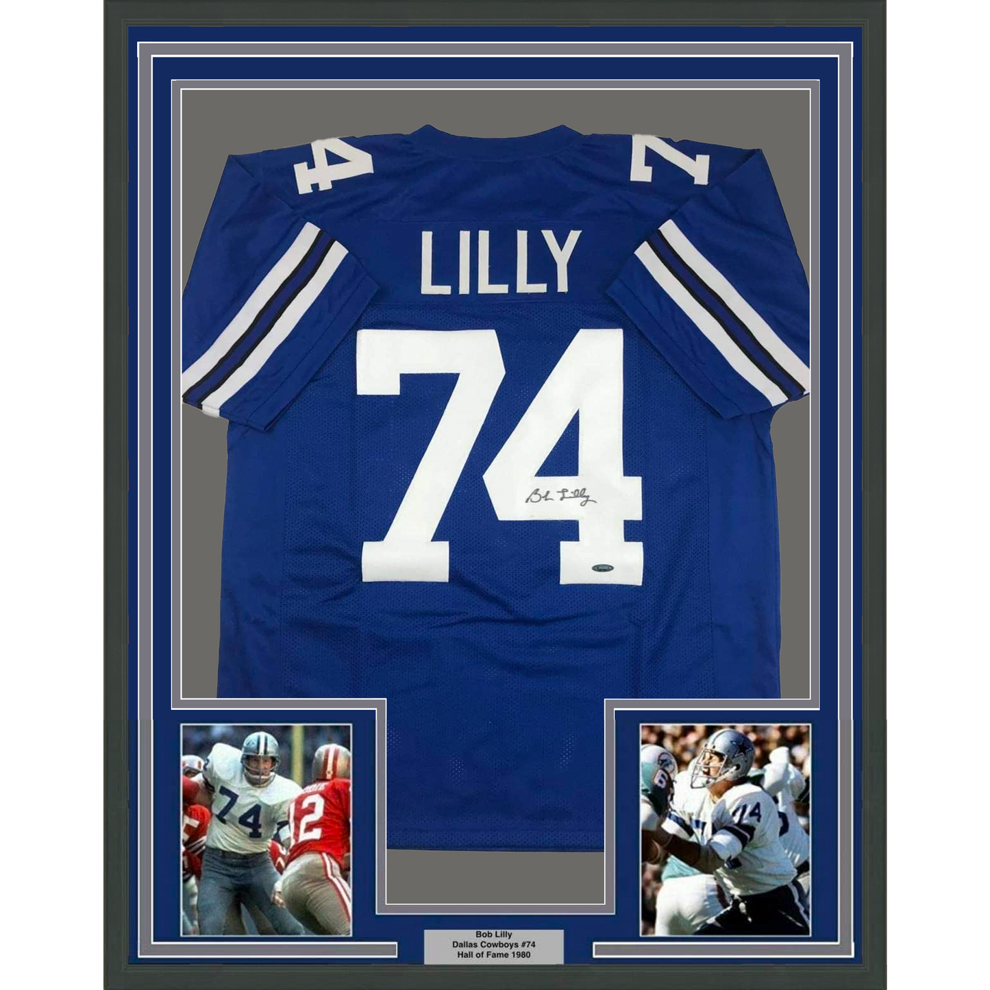 Framed Autographed/Signed Bob Lilly 35x39 Dallas Retro Blue Football Jersey Tristar COA Holo Only