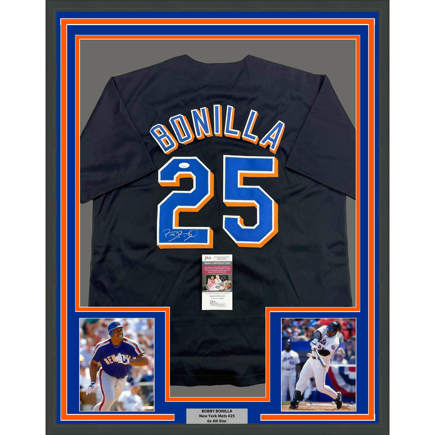 Framed Autographed/Signed Bobby Bonilla 35x39 New York Black Baseball Jersey JSA COA