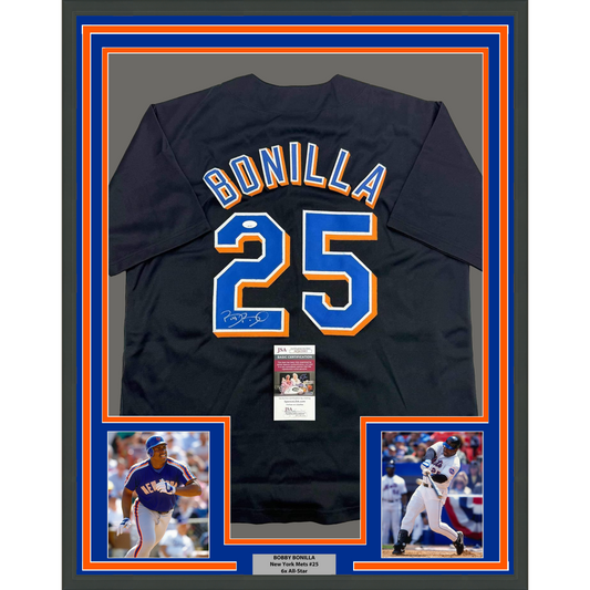 Framed Autographed/Signed Bobby Bonilla 35x39 New York Black Baseball Jersey JSA COA