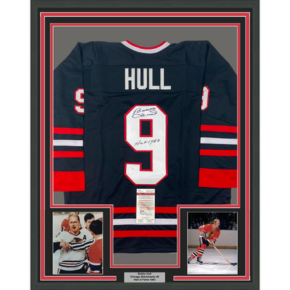 Framed Autographed/Signed Bobby Hull HOF 1983 35x39 Chicago Black Hockey Jersey JSA COA