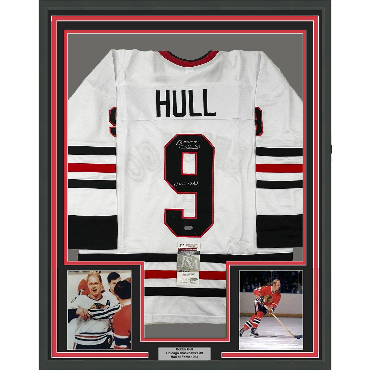 Framed Autographed/Signed Bobby Hull 35x39 HOF 1983 Chicago White Hockey Jersey JSA COA